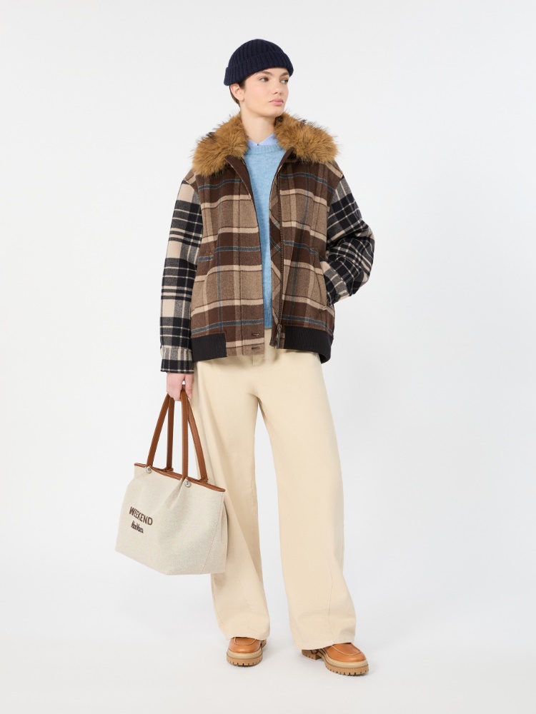 Checked wool drap cloth bomber jacket - BROWN