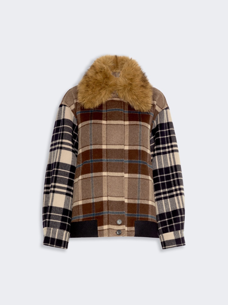 Checked wool drap cloth bomber jacket - BROWN