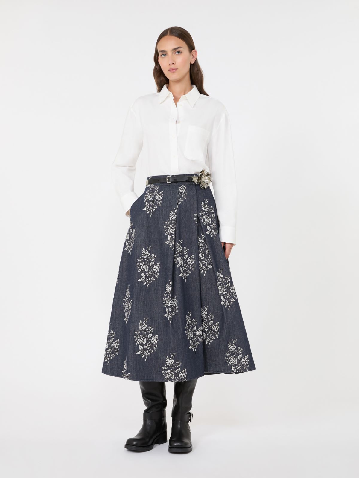 Pleated printed cotton skirt - NAVY - Max Mara