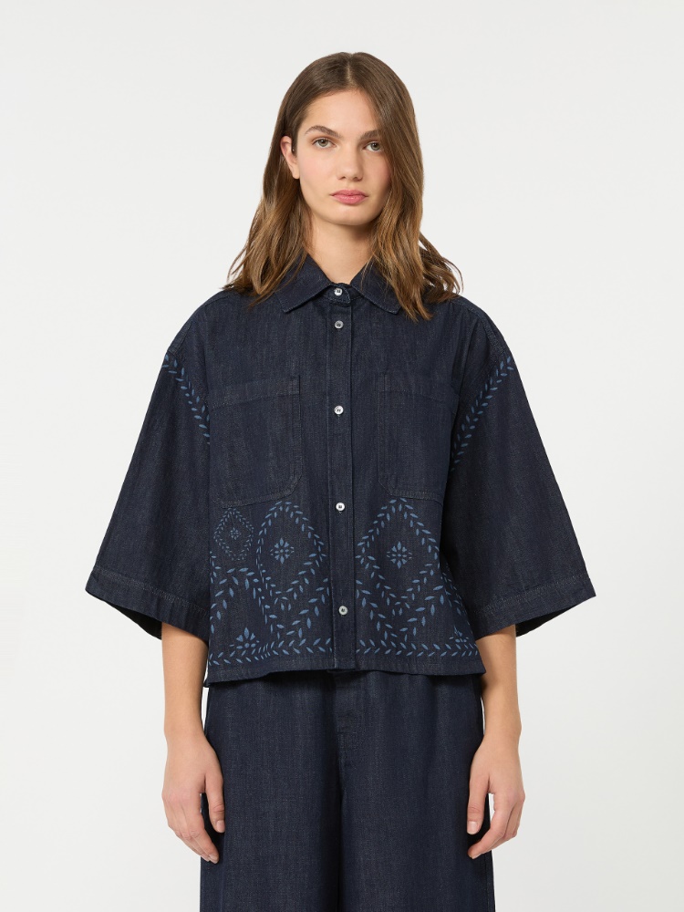 Boxy shirt in laser-treated cotton denim - NAVY - 2