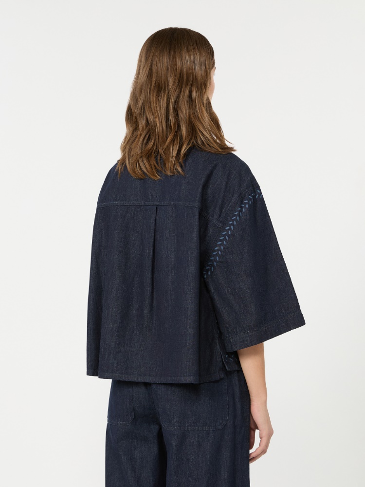 Boxy shirt in laser-treated cotton denim - NAVY - 3