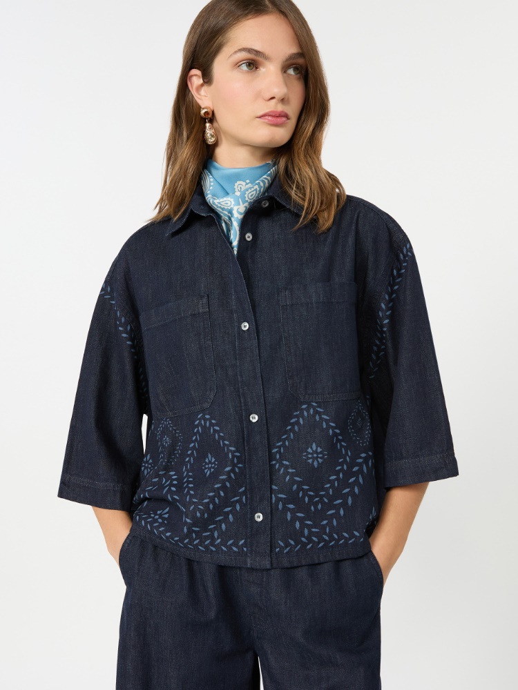 Boxy shirt in laser-treated cotton denim - NAVY - 4