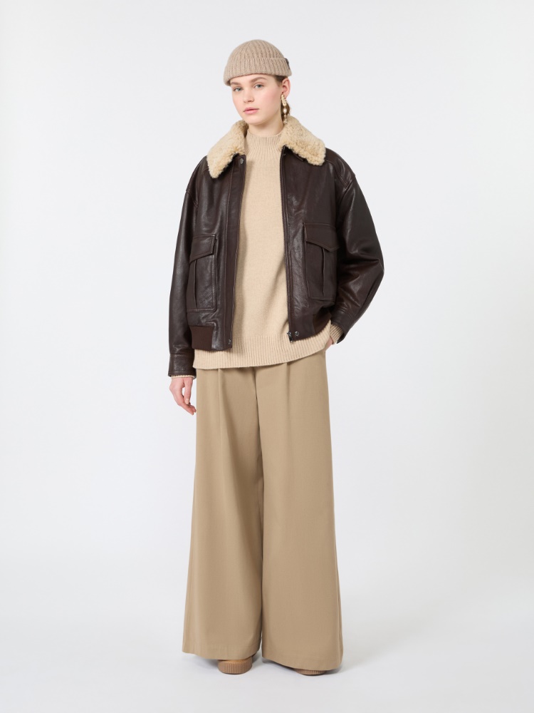 Szerokie spodnie z bawełnianego drelichu + BEŻOWY - Max Mara