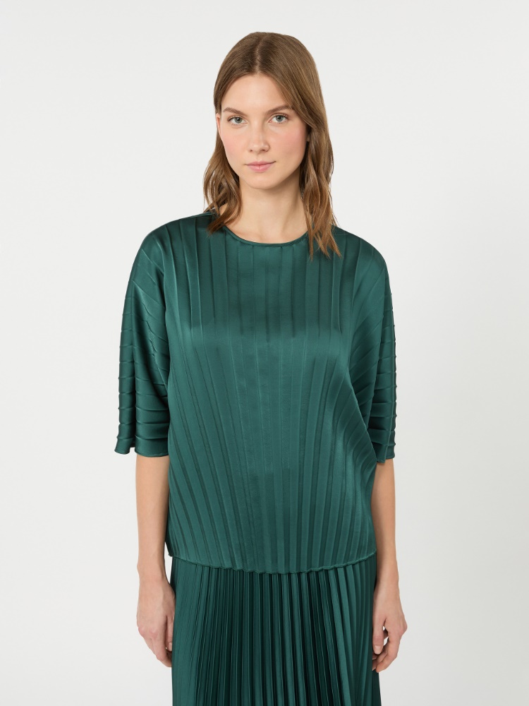 Loose blouse in pleated satin - DARK GREEN - 4