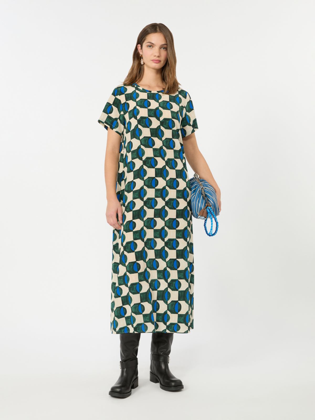 Printed silk T-shirt dress - DARK GREEN