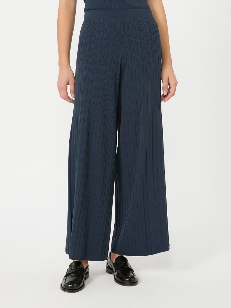 Plissé-pleated viscose yarn trousers - NAVY - 2