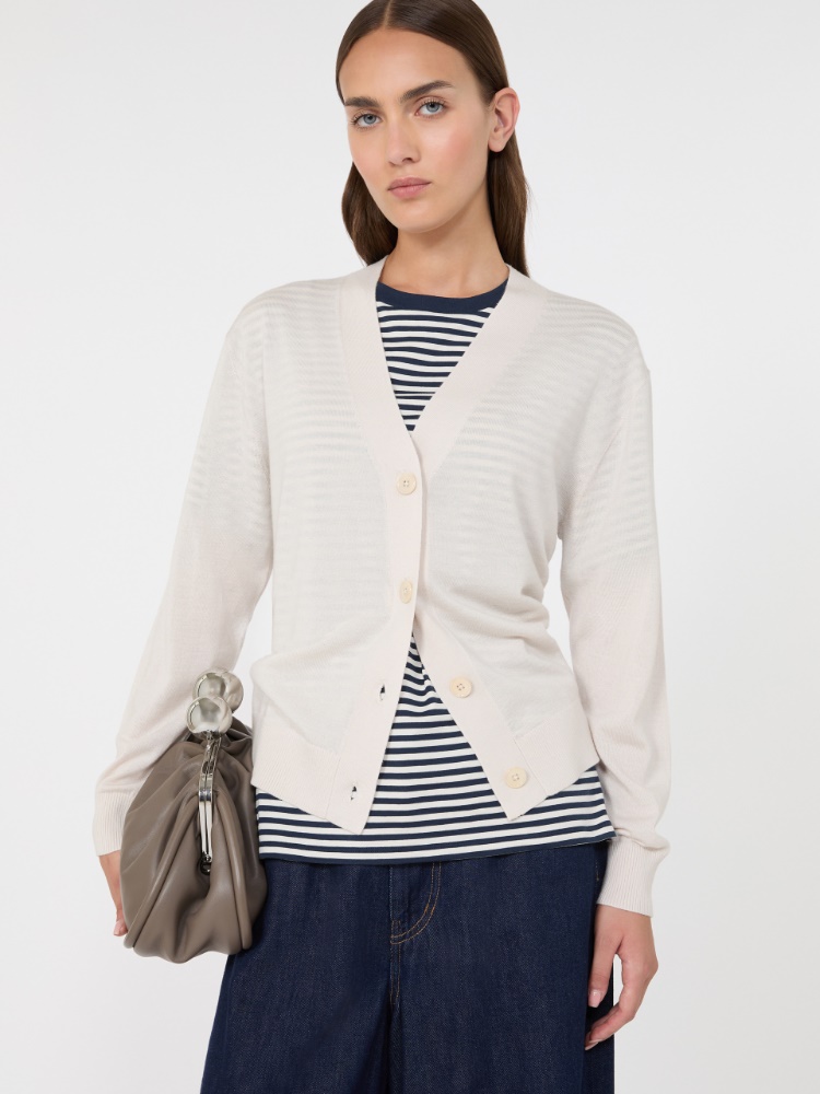 Wool, silk and cashmere V-neck cardigan - IVORY - Max Mara - 4