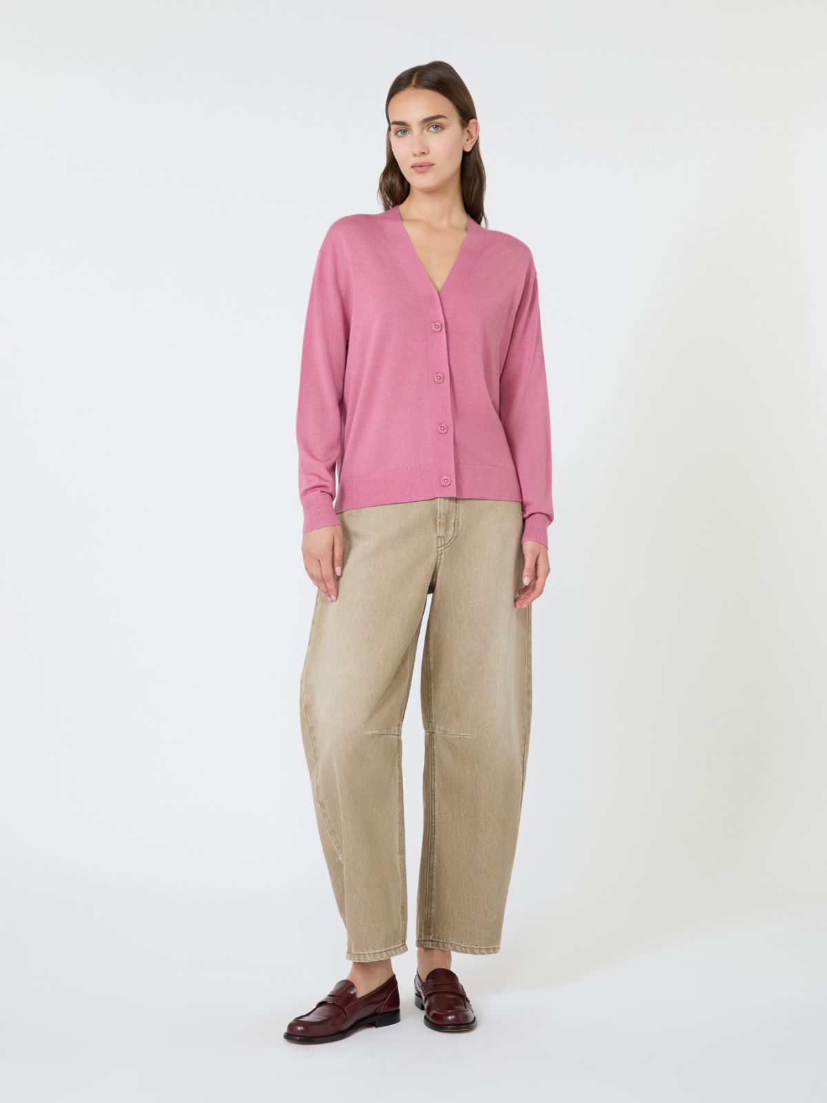 Wool, silk and cashmere V-neck cardigan - RASPBERRY