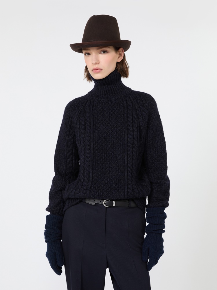 Wool yarn turtleneck Aran jumper - NAVY - Max Mara - 4