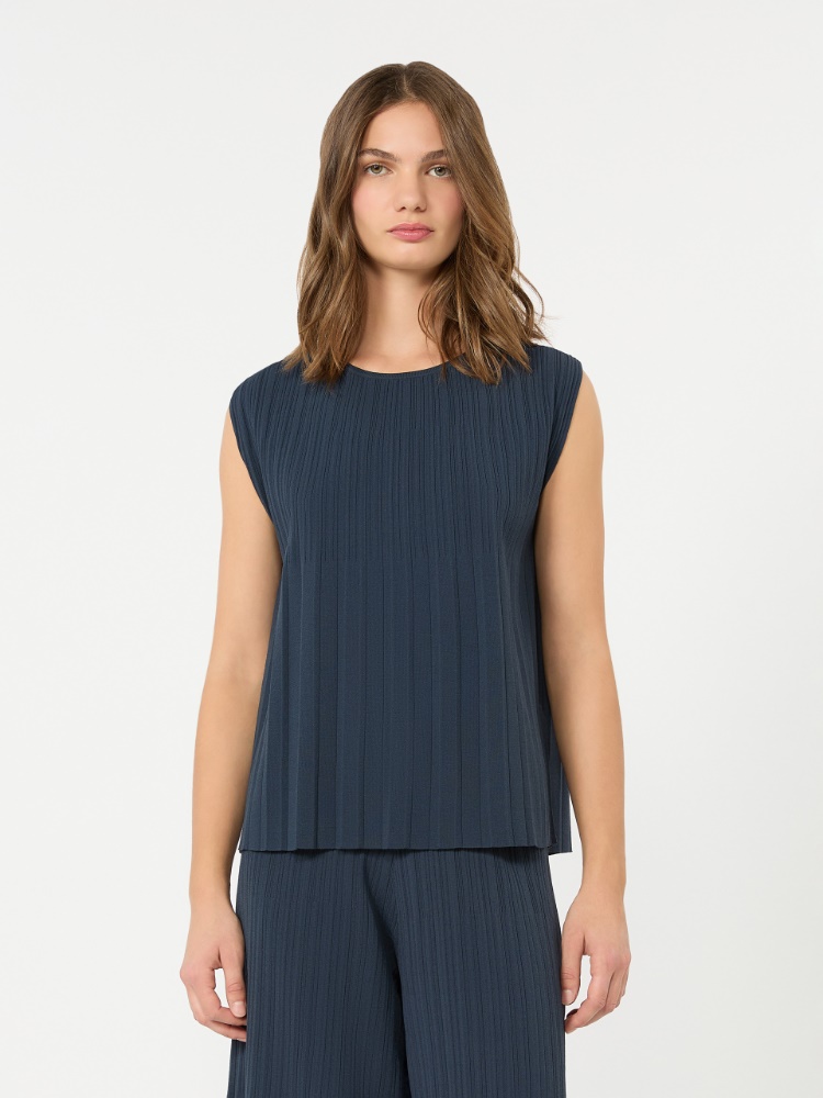 Plissé-pleated viscose yarn sweater - NAVY - 2