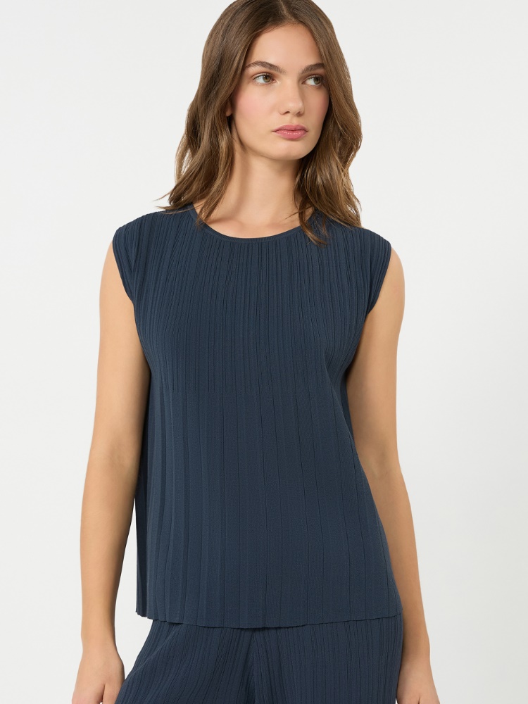 Plissé-pleated viscose yarn sweater - NAVY - 4