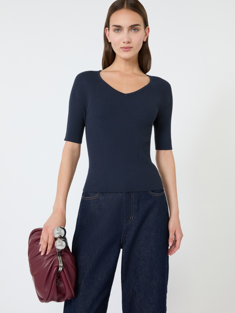 Rib-knit stretch viscose sweater - NAVY - 4