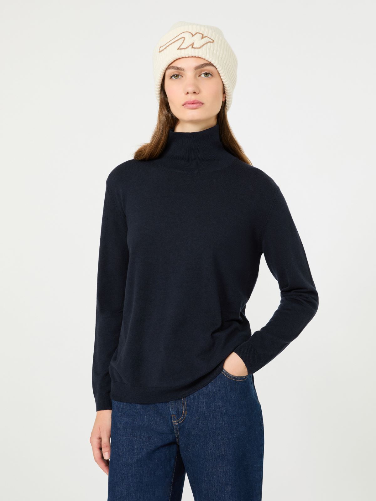Wool and silk knit turtleneck - NAVY - Max Mara - 4