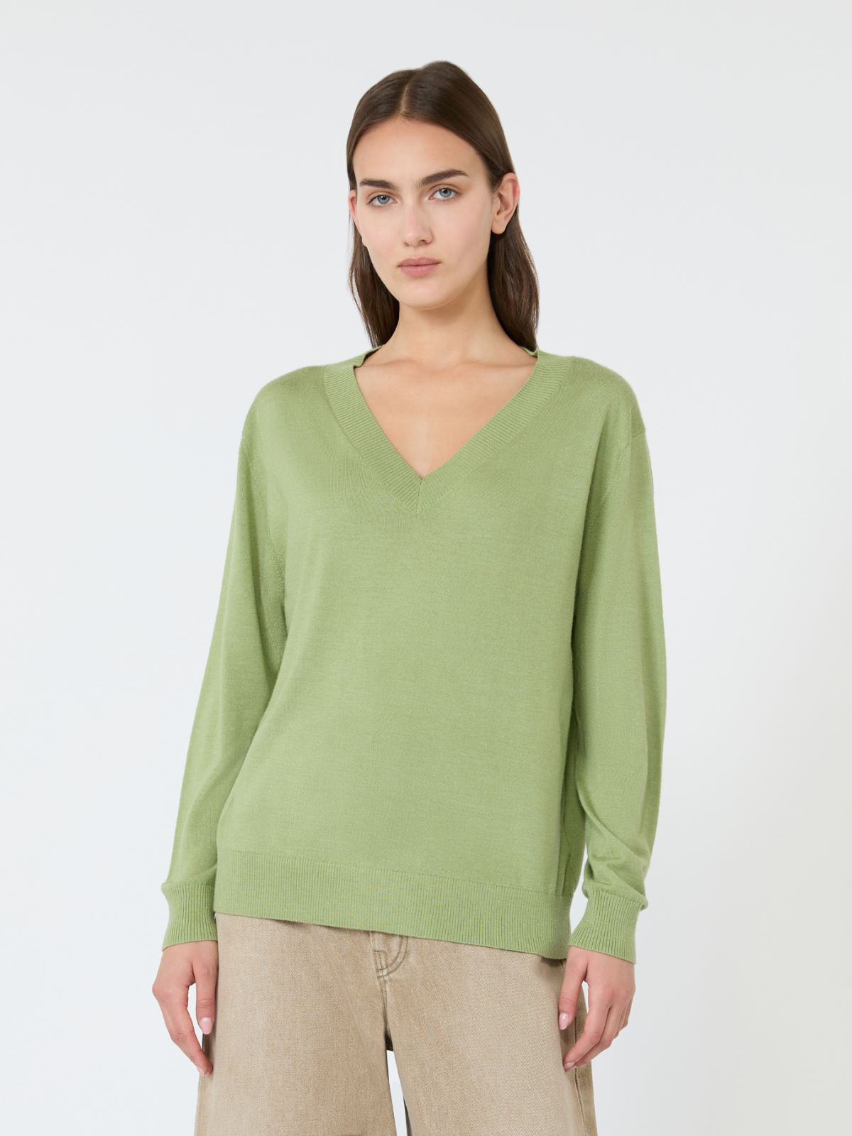 Wool, silk and cashmere V-neck sweater - GREEN - Max Mara - 2