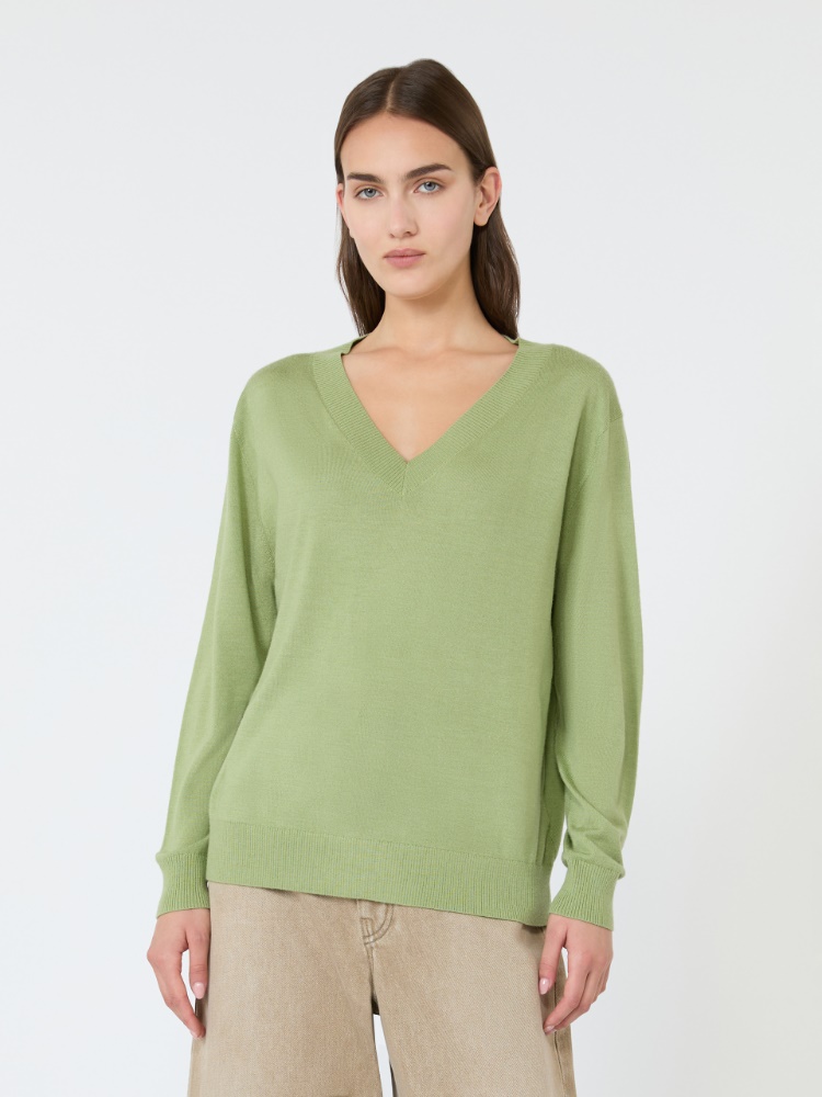 Wool, silk and cashmere V-neck sweater - GREEN - Max Mara - 2