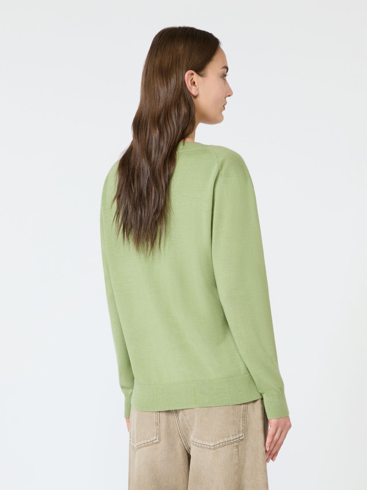 Wool, silk and cashmere V-neck sweater - GREEN - Max Mara - 3