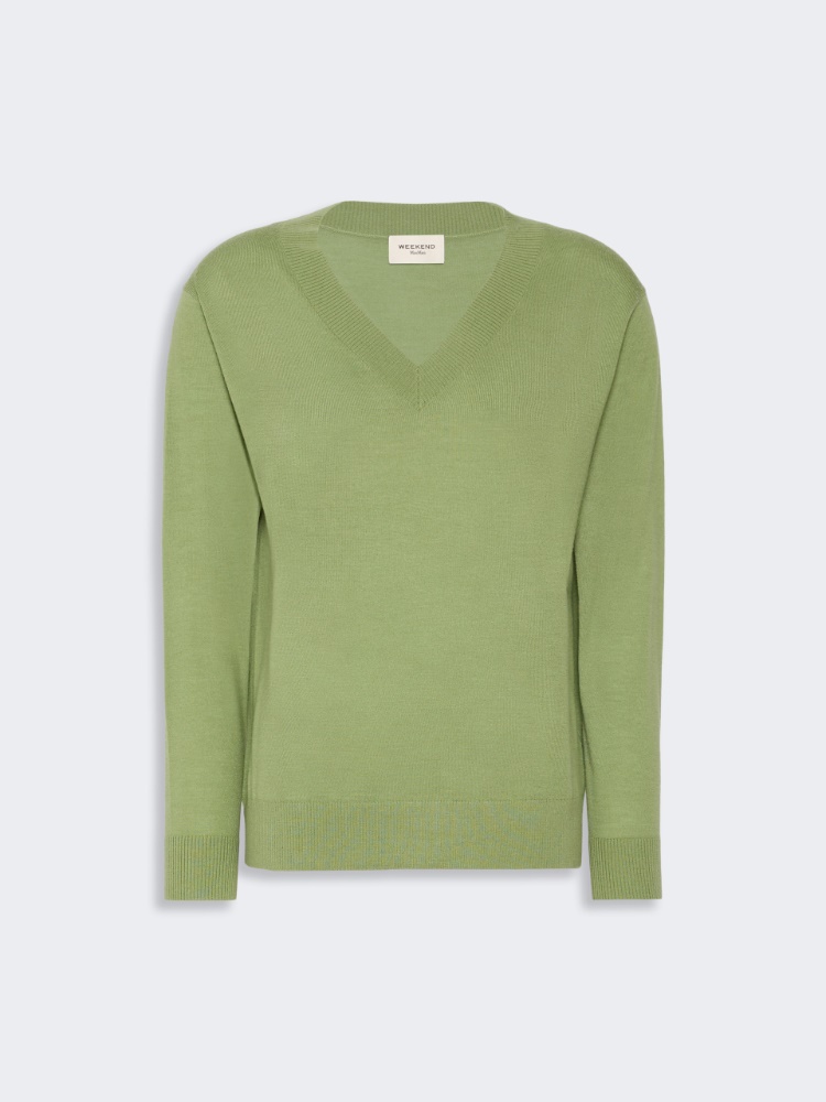 Wool, silk and cashmere V-neck sweater - GREEN - Max Mara - 6