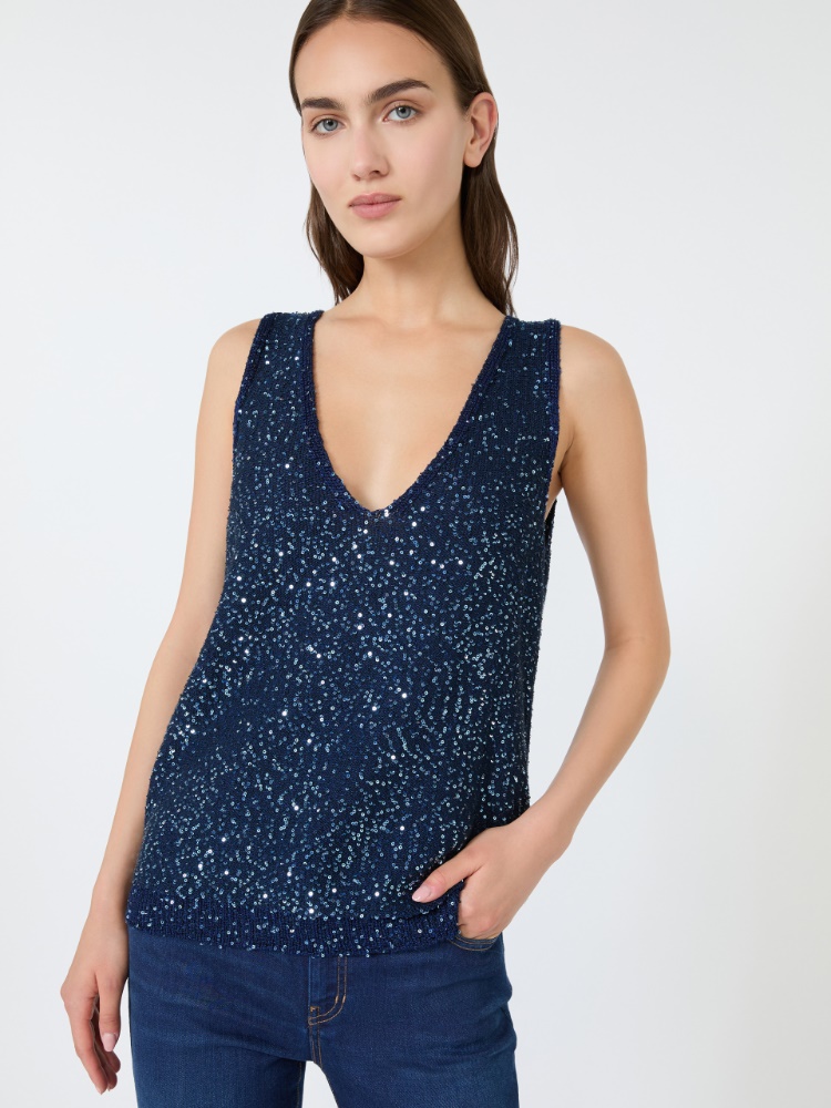 Ärmelloser Pullover mit Pailletten - BLAU - 4