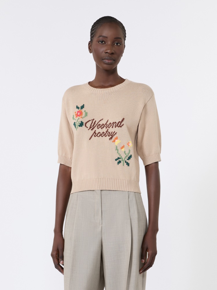 Embroidered cotton yarn sweater - SAND - 2