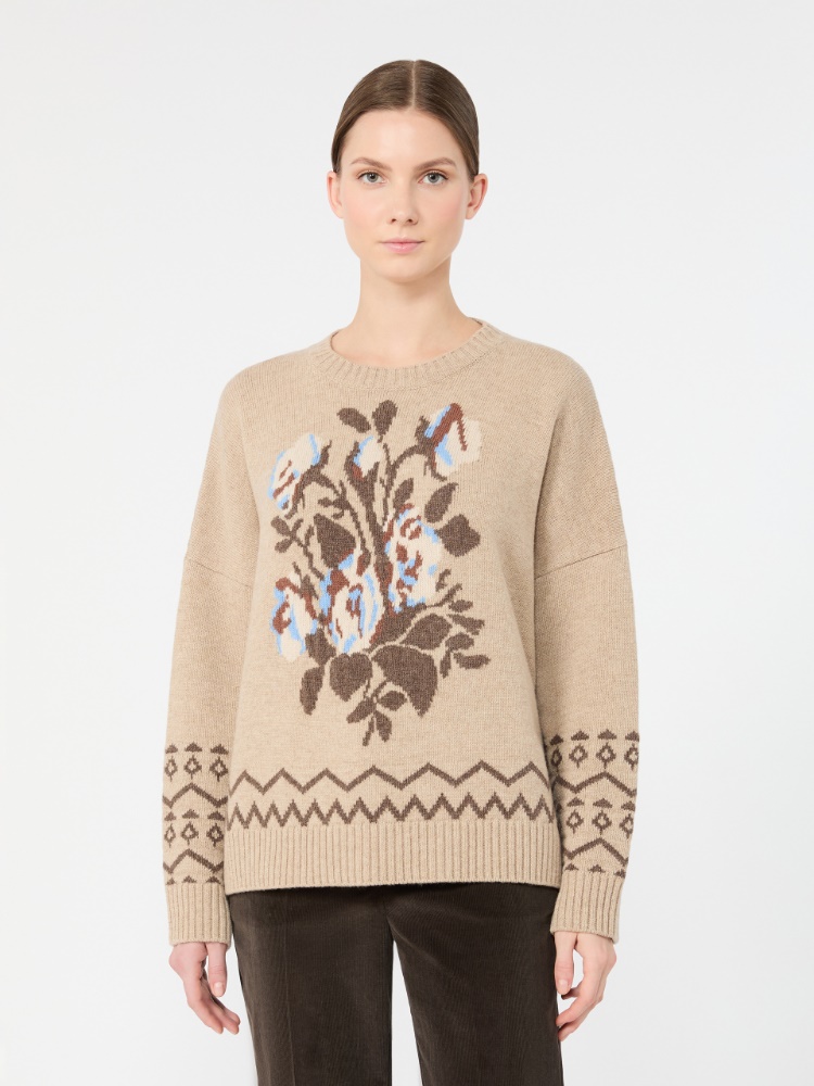 Obszerny żakardowy sweter wełniany - PIASKOWY - Max Mara - 2