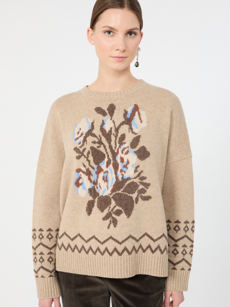 Obszerny żakardowy sweter wełniany - PIASKOWY - Max Mara - 4