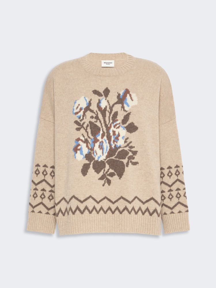 Obszerny żakardowy sweter wełniany - PIASKOWY - Max Mara - 5