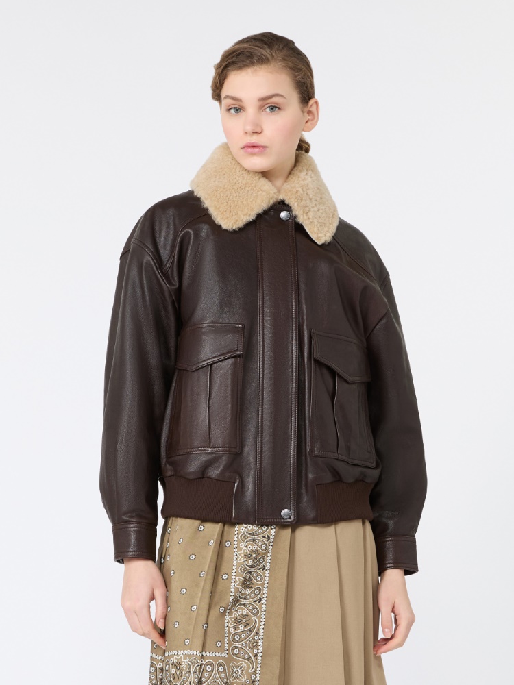 Kurtka pilotka ze skóry nappa - CIEMNOBRĄZOWY - Max Mara - 2