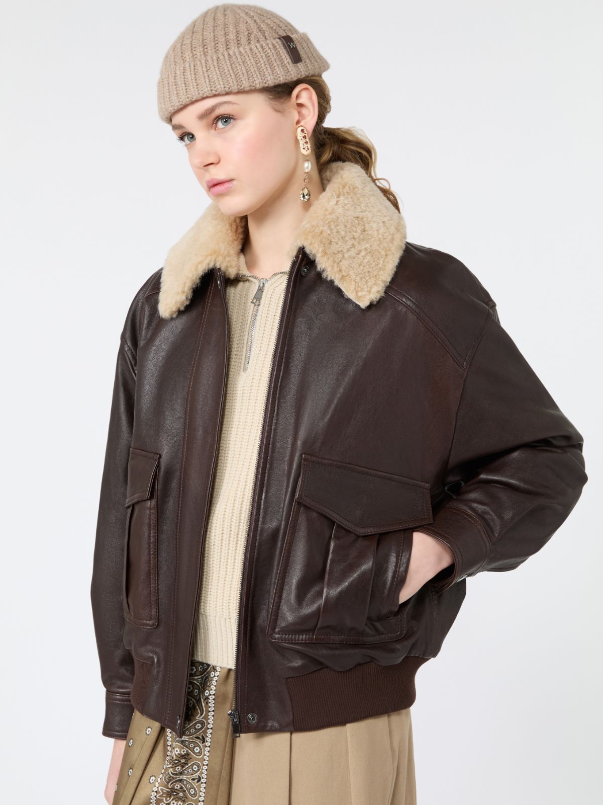Kurtka pilotka ze skóry nappa - CIEMNOBRĄZOWY - Max Mara - 4
