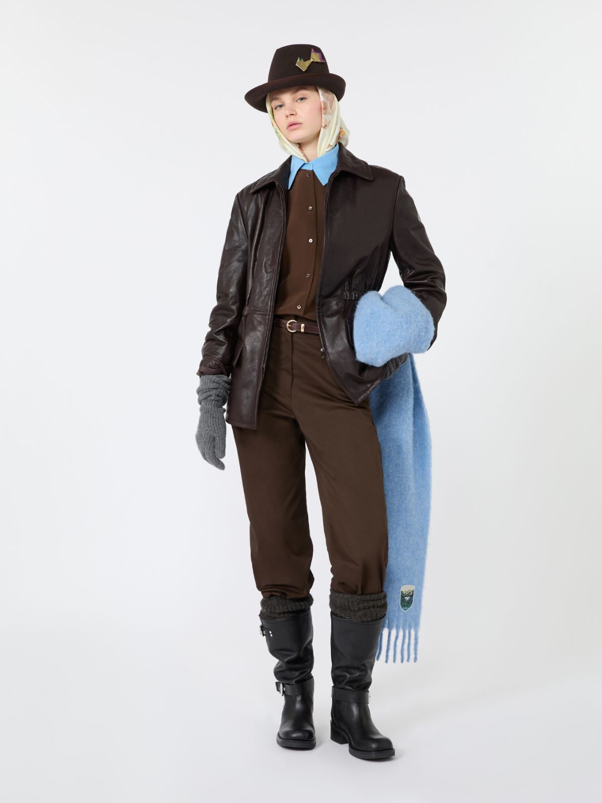 Leather biker jacket - DARK BROWN