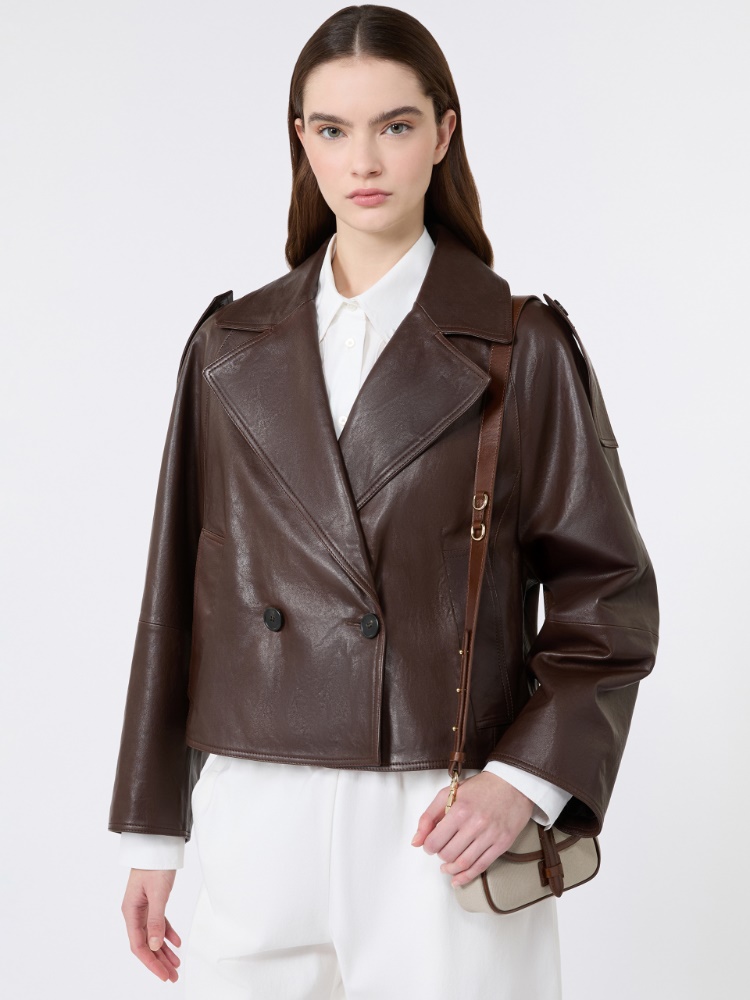 Nappa leather pea coat - CHOCOLATE - 4