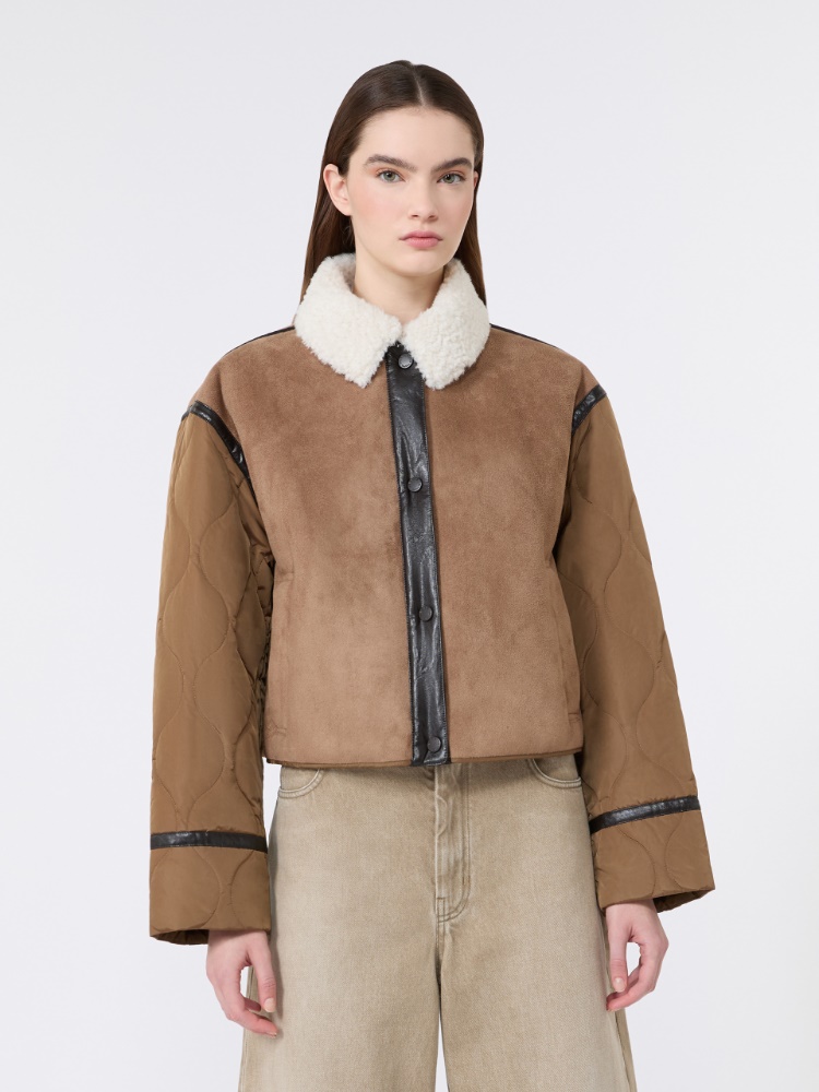 Suede-effect and technical fabric cropped jacket - CAMEL - 2
