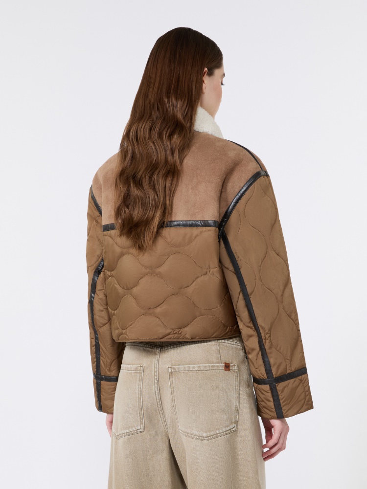 Suede-effect and technical fabric cropped jacket - CAMEL - 3