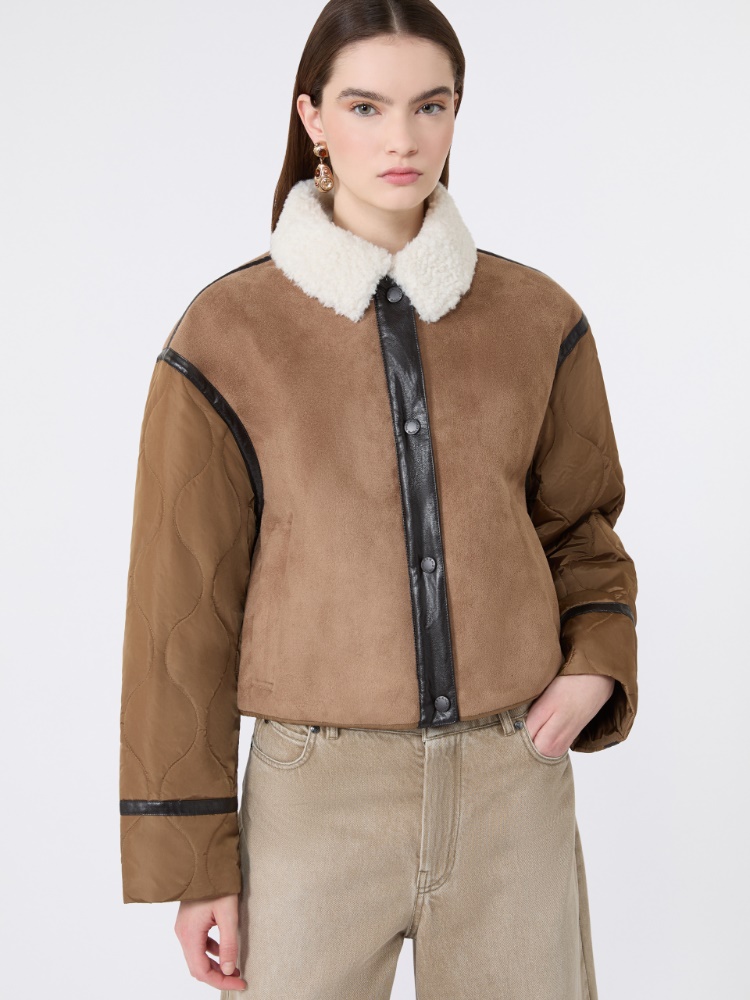 Suede-effect and technical fabric cropped jacket - CAMEL - 4