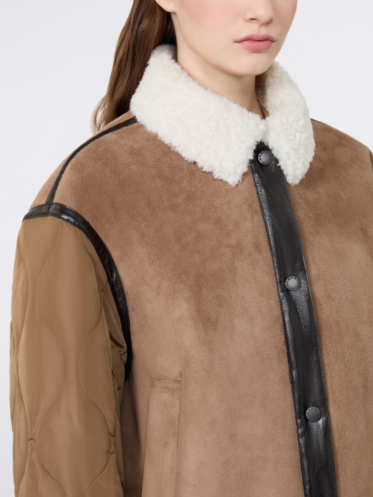 Suede-effect and technical fabric cropped jacket - CAMEL - 5