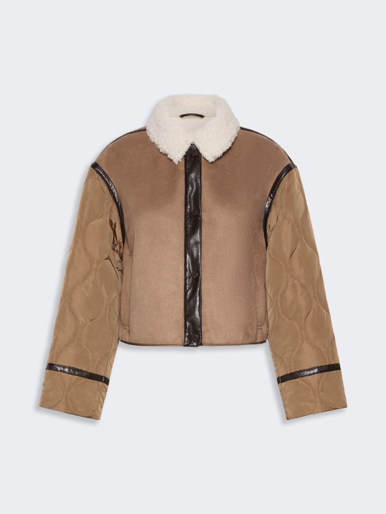 Suede-effect and technical fabric cropped jacket - CAMEL - 6