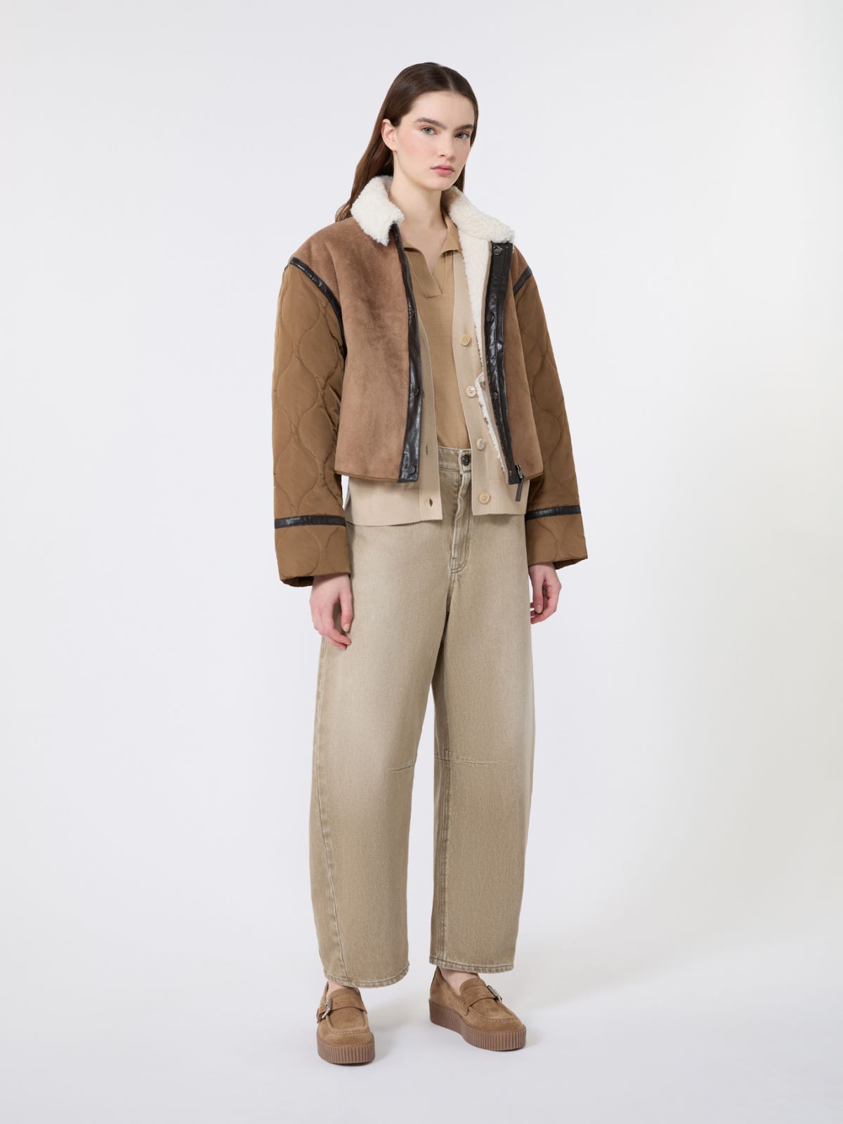 Suede-effect and technical fabric cropped jacket - CAMEL