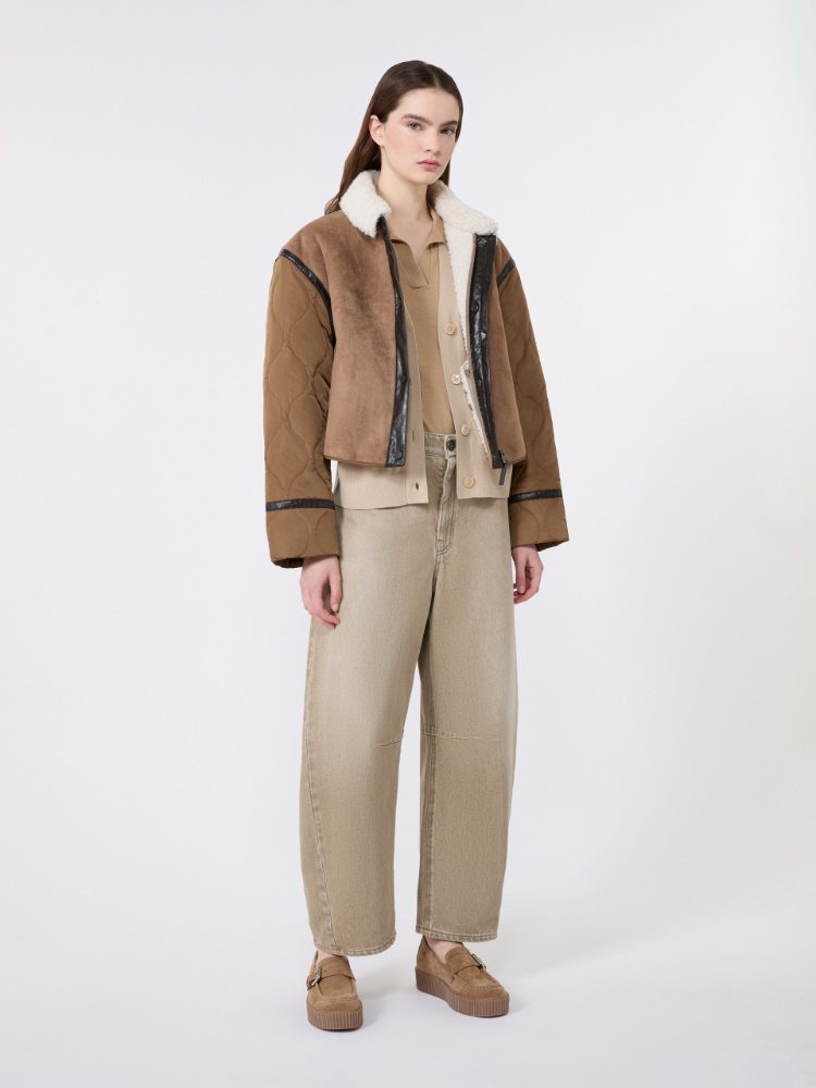 Suede-effect and technical fabric cropped jacket - CAMEL - 1