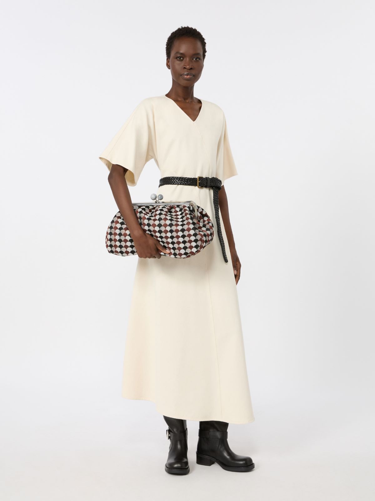 Large Pasticcino Bag in linen, silk and cotton jacquard - COFFEE