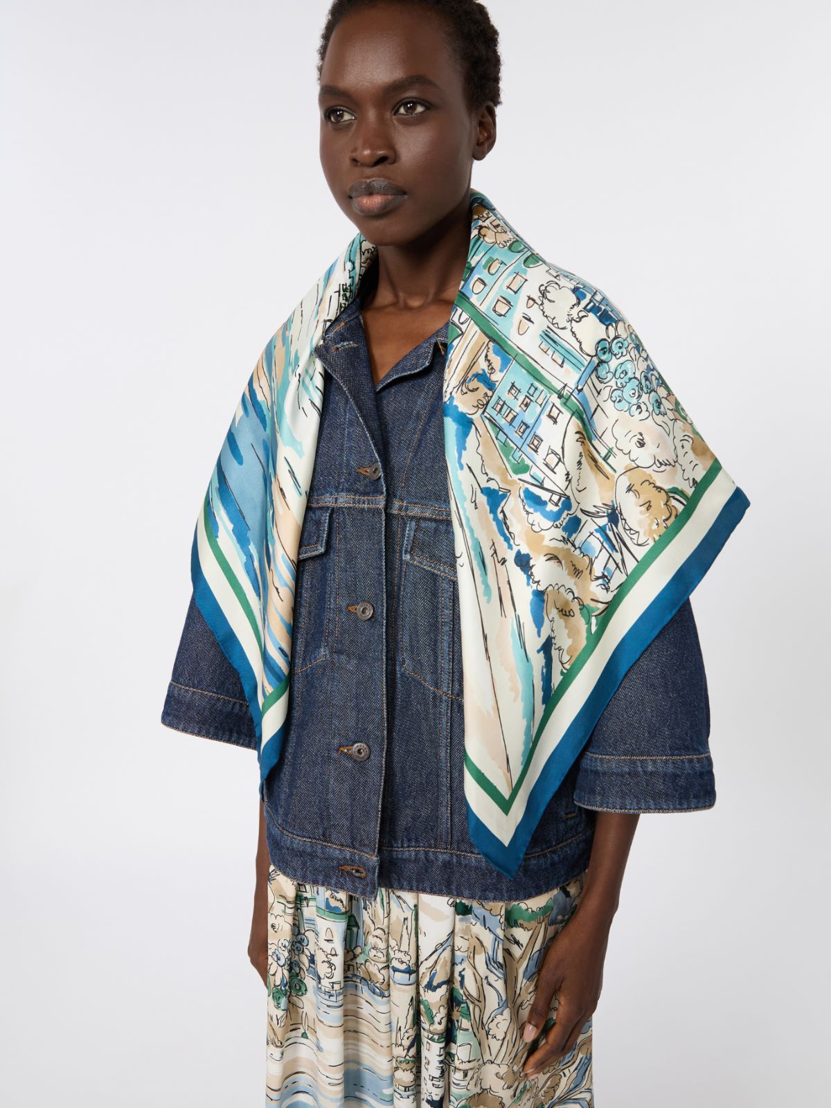 Foulard en soie imprimée - BLEU DE CHINE