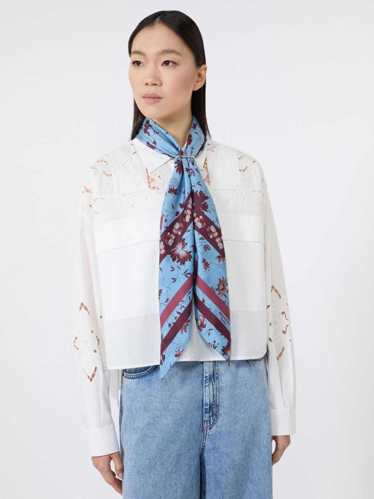Patterned silk twill foulard - LIGHT BLUE