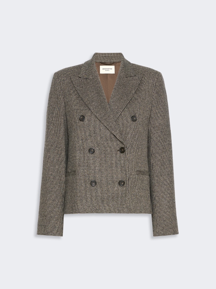 Double-breasted jacket in micro jacquard jersey - BROWN