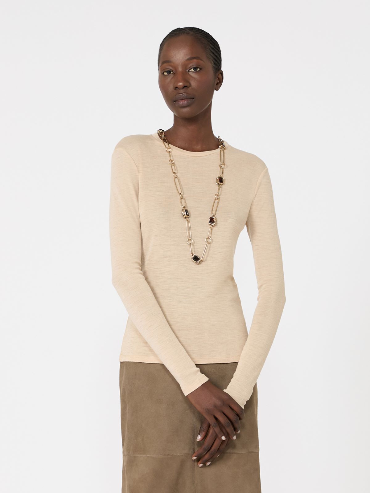 Wool and silk gauze jersey T-shirt - BEIGE - Max Mara - 4