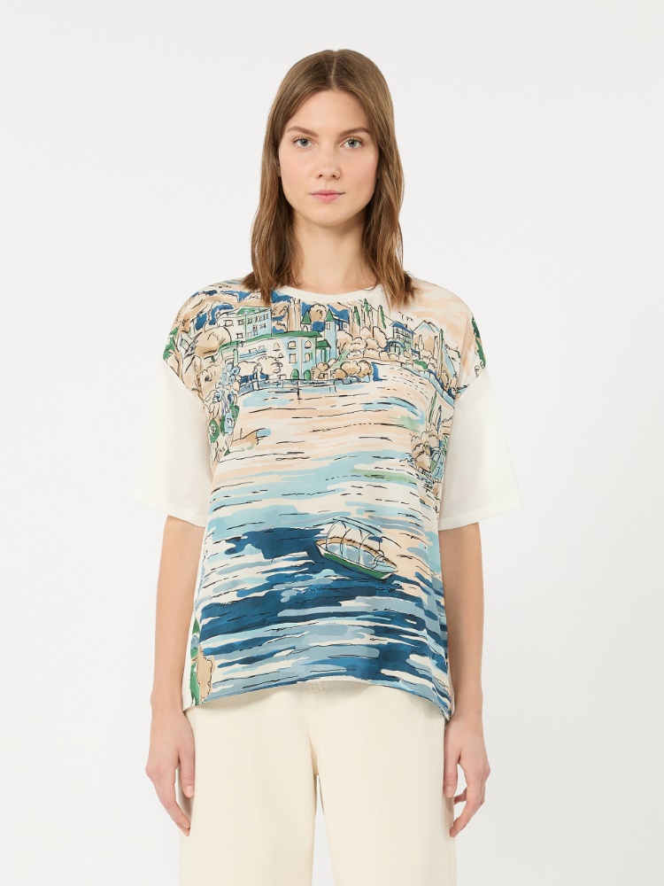 Jersey and printed silk T-shirt - LIGHT BLUE - 2