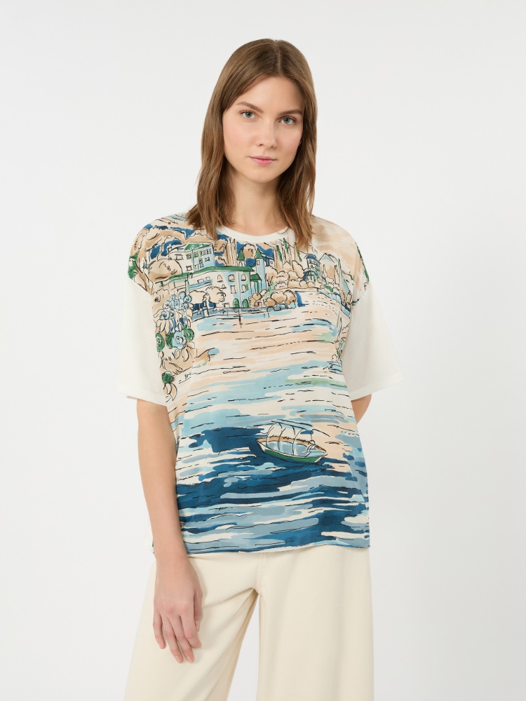 Jersey and printed silk T-shirt - LIGHT BLUE - 4