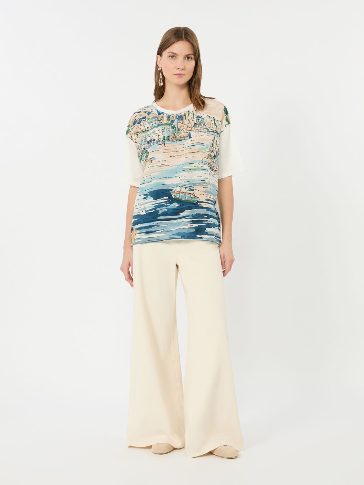 Jersey and printed silk T-shirt - LIGHT BLUE