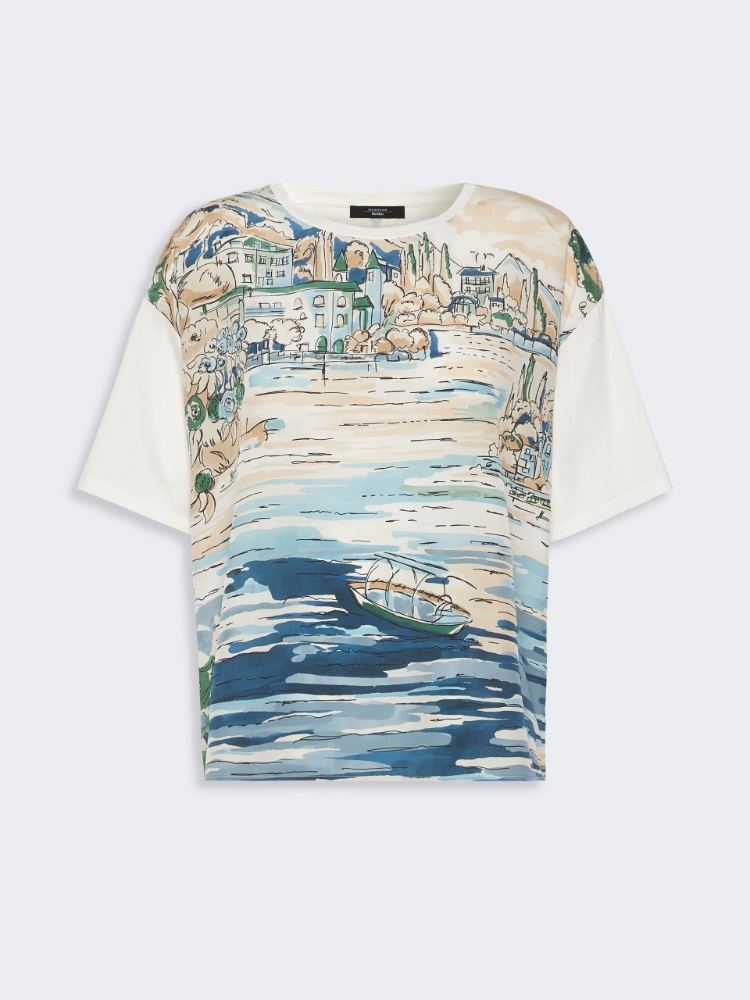 Jersey and printed silk T-shirt - LIGHT BLUE