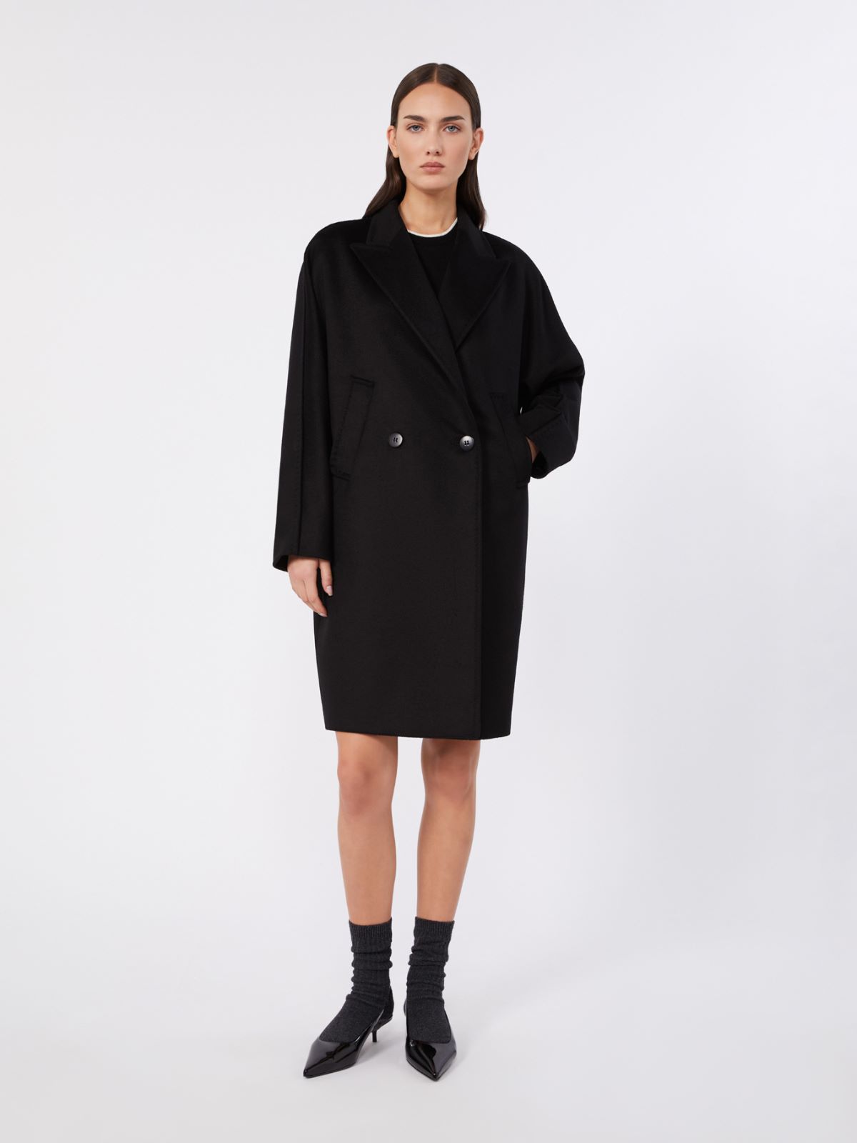 Double-breasted wool broadcloth coat - BLACK
