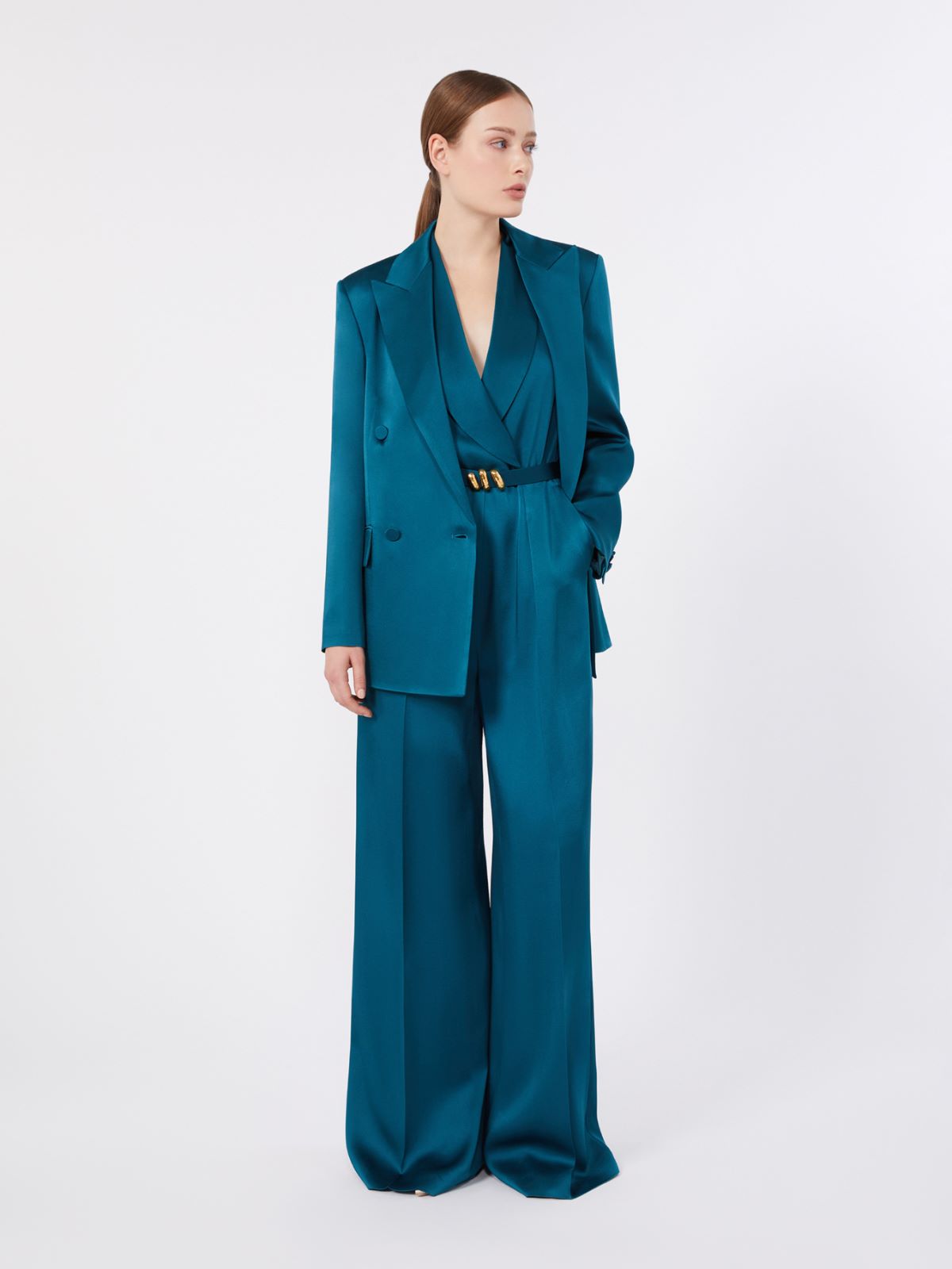 Double-breasted envers satin blazer - OIL