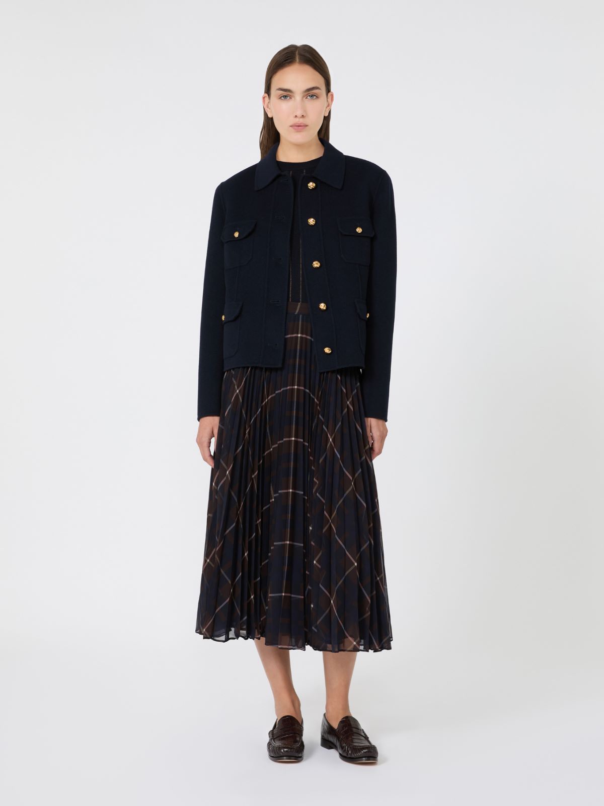 Plissé-pleated georgette-blend skirt - BLUE BROWN
