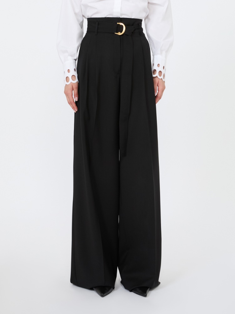 Pantalón de cintura alta de tela de lana - NEGRO - 2
